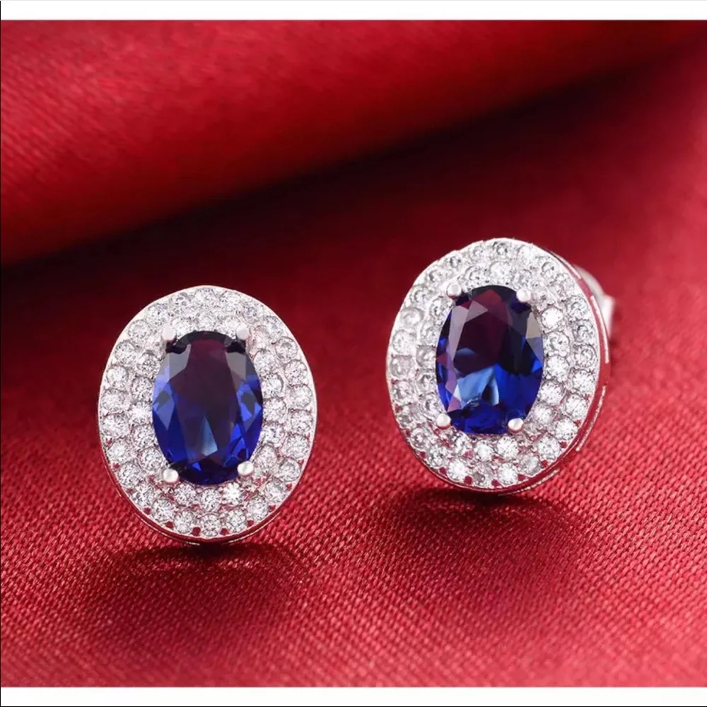 New Oval 925 Silver Party Wedding Sapphire Stud Earrings - Picture 4 of 5